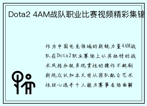 Dota2 4AM战队职业比赛视频精彩集锦