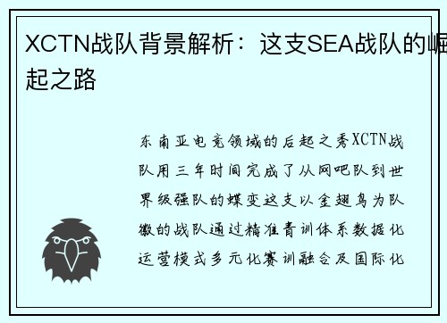 XCTN战队背景解析：这支SEA战队的崛起之路