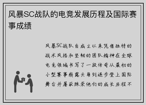 风暴SC战队的电竞发展历程及国际赛事成绩