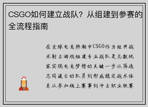 CSGO如何建立战队？从组建到参赛的全流程指南